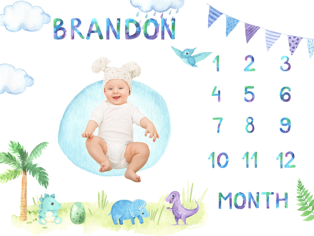 Dino Personalized Baby Milestone Blanket, Baby shower gift, Personalized Baby Name Blanket ,watch me grow blanket