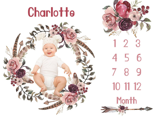 Boho Floral Personalized Baby Milestone Blanket, Baby shower gift, Personalized Baby Name Blanket ,watch me grow blanket