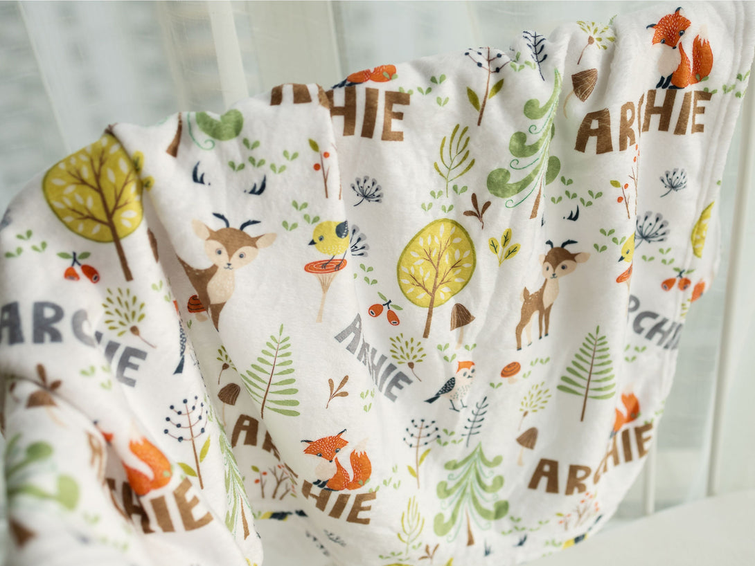 Forest Friends Personalized Baby Name Blanket, Forest Deer and Fox Blankets, Baby shower gift,  Baby Girl Blanket, Baby Boy Blanket