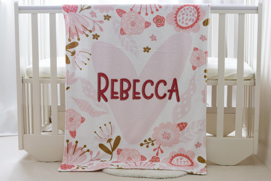 Personalized Baby Blanket, Free Shipping, Custom baby blanket, Baby Girl Blanket, Pink Flower Throw Blanket, Baby Gift, Embroidery Blanket