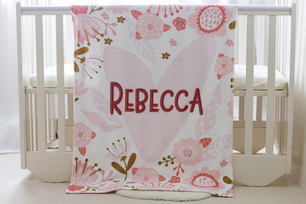 Personalized Baby Blanket, Free Shipping, Custom baby blanket, Baby Girl Blanket, Pink Flower Throw Blanket, Baby Gift, Embroidery Blanket