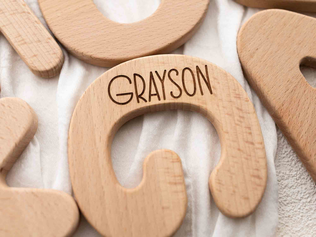 Alphabet Letter Grasping Toy | Alphabet Letter Teether | Wooden Toys | Personalized | Name Engraved | Wood Letter Newborn Gift