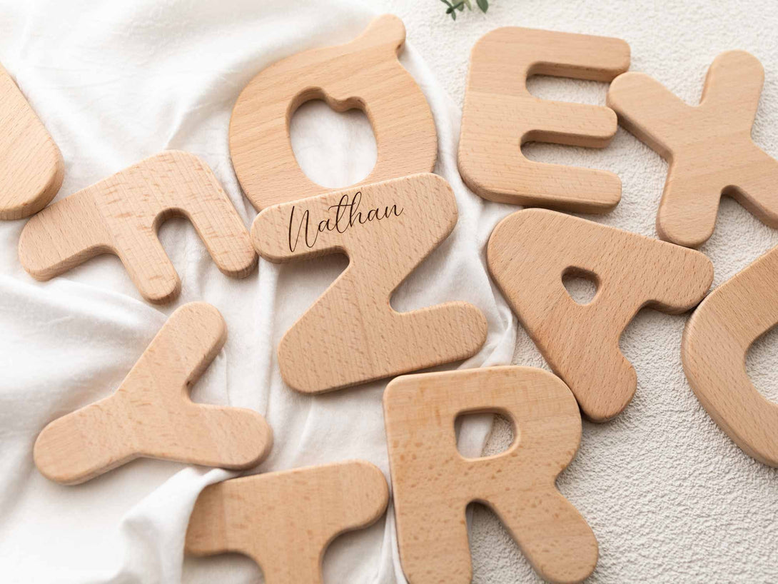 Alphabet Letter Grasping Toy | Alphabet Letter Teether | Wooden Toys | Personalized | Name Engraved | Wood Letter Newborn Gift