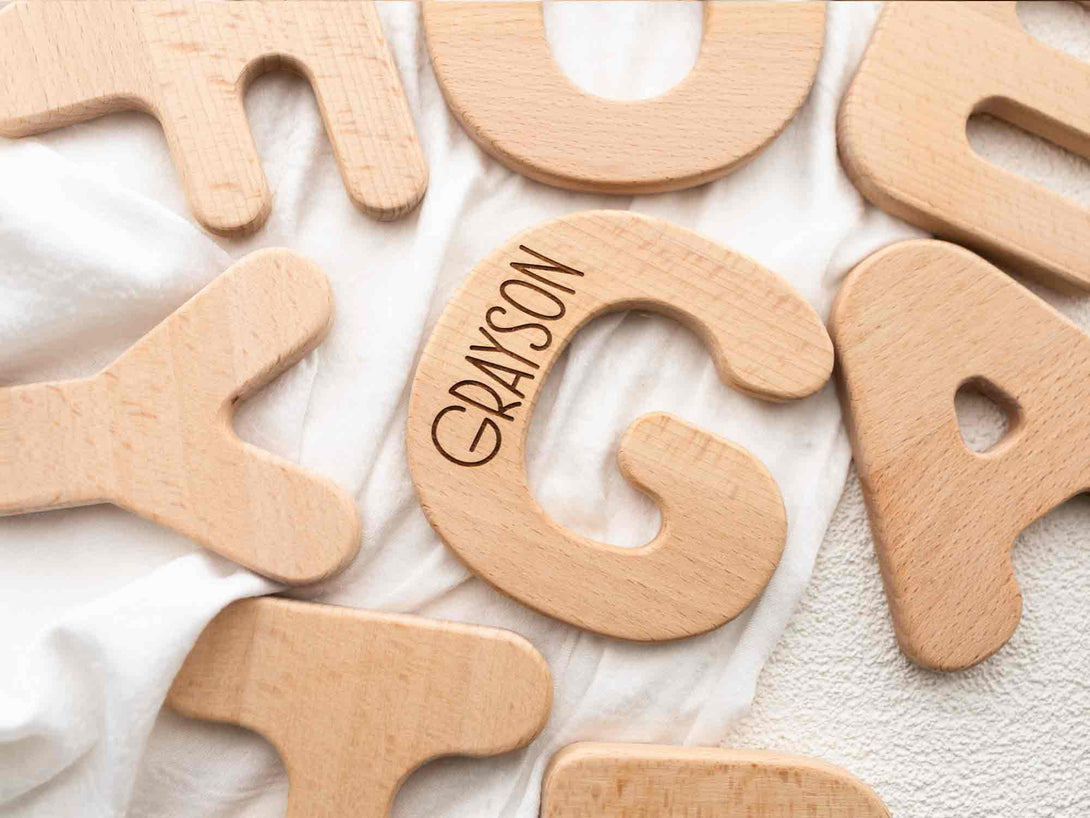 Alphabet Letter Grasping Toy | Alphabet Letter Teether | Wooden Toys | Personalized | Name Engraved | Wood Letter Newborn Gift