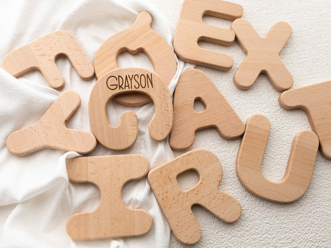 Alphabet Letter Grasping Toy | Alphabet Letter Teether | Wooden Toys | Personalized | Name Engraved | Wood Letter Newborn Gift